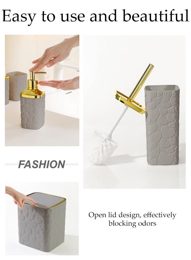 DUNISO 6 Pieces Bathroom Accessories Set , Plastic Bath Set with Trash Can,Toilet Brush,Soap Dispenser,Soap Dish and Lotion Set ,Toothbrush cup, Toothbrush Holder (Grey) - Image 3