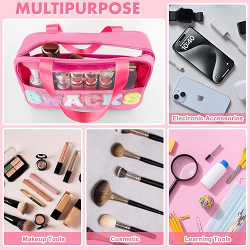 TESAFNG Snack Bag for Travel - Chenille Letter Clear Makeup Bag, Large Preppy Patch Snack Cosmetic Bag with Handle and Zipper, Cute Makeup Pouch Nylon&PVC Waterproof Toiletry Organizer Storage for Women Girls - Image 5