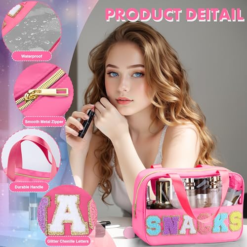 TESAFNG Snack Bag for Travel - Chenille Letter Clear Makeup Bag, Large Preppy Patch Snack Cosmetic Bag with Handle and Zipper, Cute Makeup Pouch Nylon&PVC Waterproof Toiletry Organizer Storage for Women Girls - Image 3