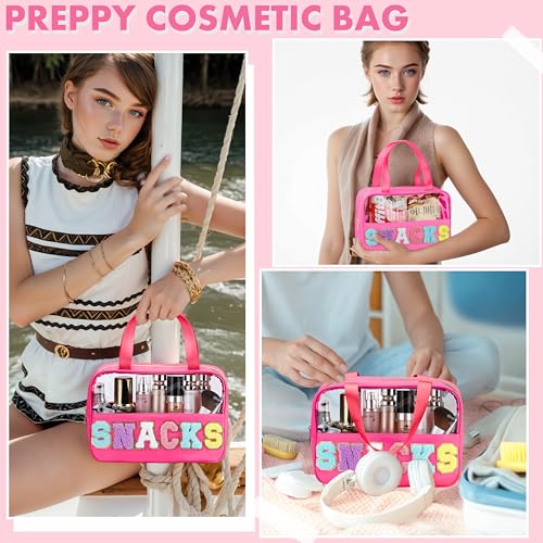 TESAFNG Snack Bag for Travel - Chenille Letter Clear Makeup Bag, Large Preppy Patch Snack Cosmetic Bag with Handle and Zipper, Cute Makeup Pouch Nylon&PVC Waterproof Toiletry Organizer Storage for Women Girls - Image 4