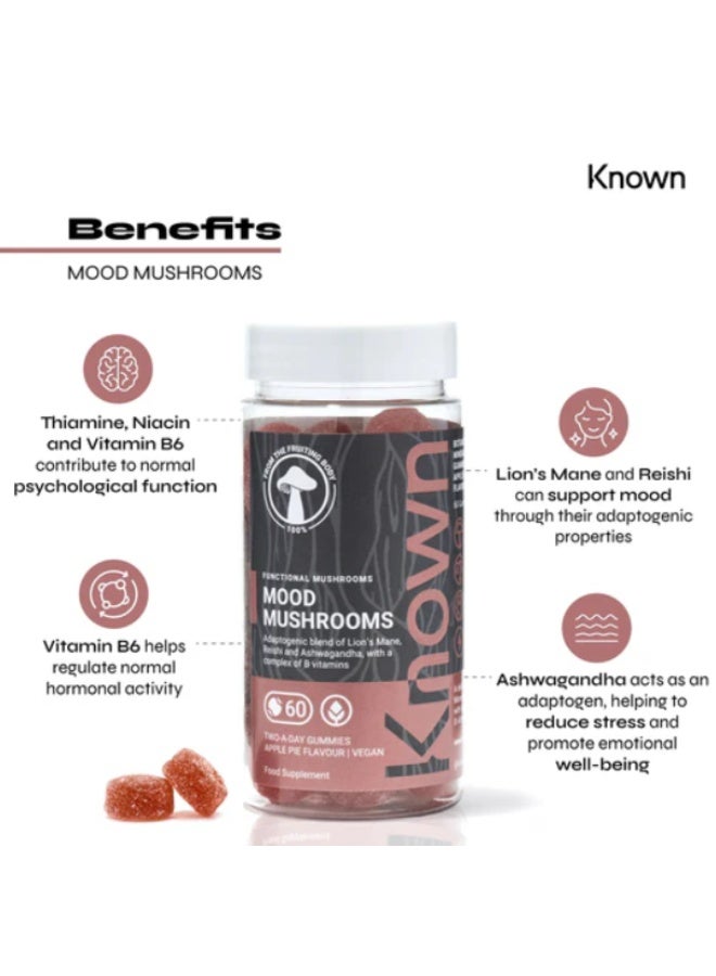 Known Mood Mushrooms Gummies – Lion’s Mane, B Vitamins, Brain Health & Hormone Balance, Natural Apple Pie Flavour – 60 Vegan Gummies, 1 Month Supply - Image 2
