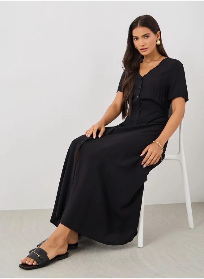 Styli Styli Solid V-Neck Buttoned A-Line Maxi Dress