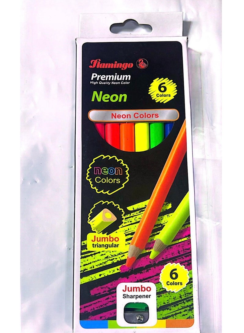 Flamingo Neon Triangular Jumbo Color Pencils Pack Of 6 - Image 1