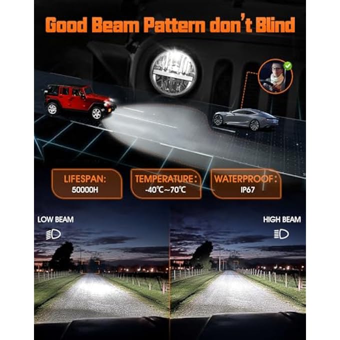 UNI-SHINE 7 Inch Led Headlight Round 6024 Led Headlight Reflector 7 Headlight With Amber Turn Signal White Drl Dot Approved HiLo Beam Compatible With Jeep Wrangler Jk Tj Cj WhiteAmber Eye - Image 5