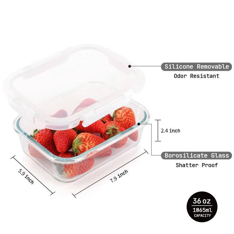 Cuiselect 5 Pack 36 Oz Glass Meal Prep Containers with Lids, Reusable Glass Food Storage Containers with Lids, Leak Proof, Microwave, Oven, Freezer and Dishwasher Safe (White) - Image 4