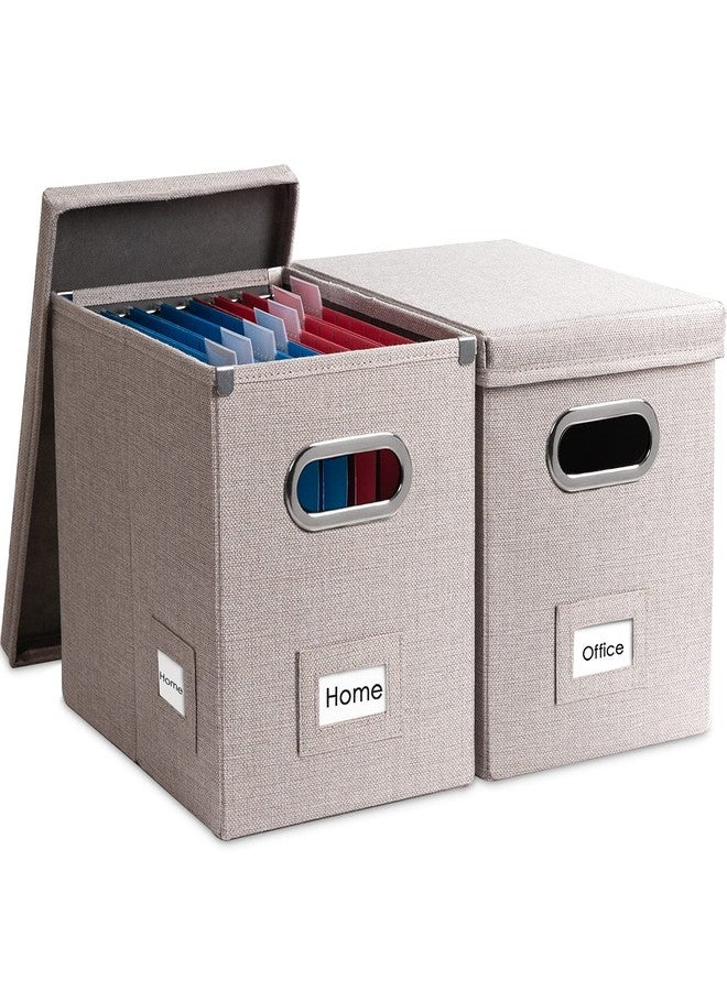 PRANDOM File Organizer Box - Set of 2 Collapsible Decorative Linen Filing Storage Hanging File Folders with Lids Office Cabinet Letter Size Light Grey (14x9.3x10.8 inch) - Image 1