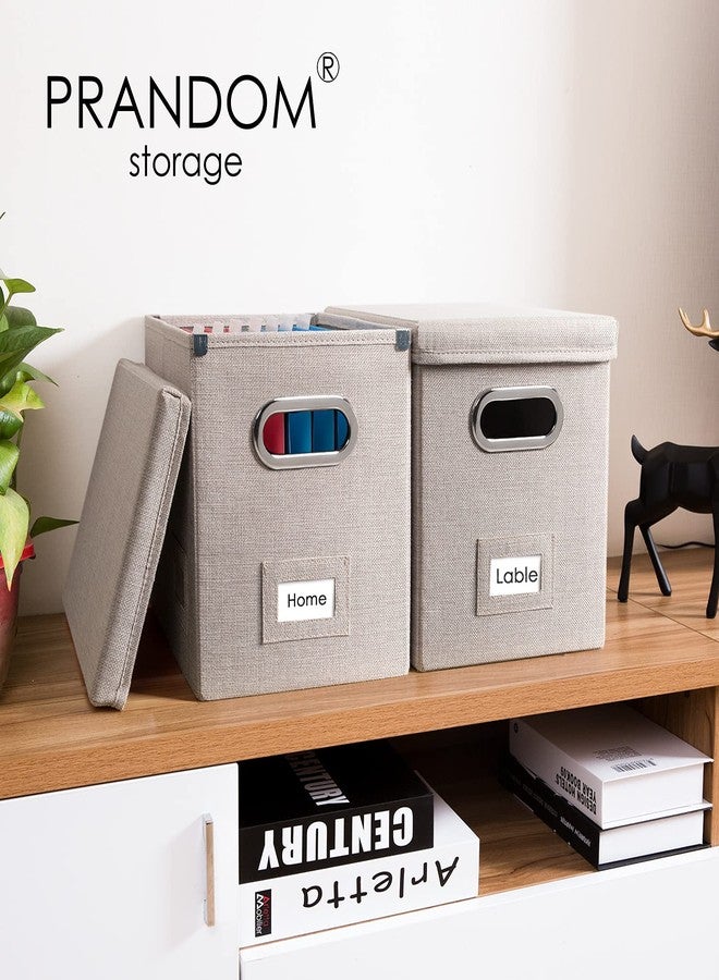 PRANDOM File Organizer Box - Set of 2 Collapsible Decorative Linen Filing Storage Hanging File Folders with Lids Office Cabinet Letter Size Light Grey (14x9.3x10.8 inch) - Image 2