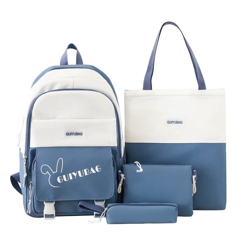 Korean Style Large Capacity Backpack Set for Students Blue four-piece set 