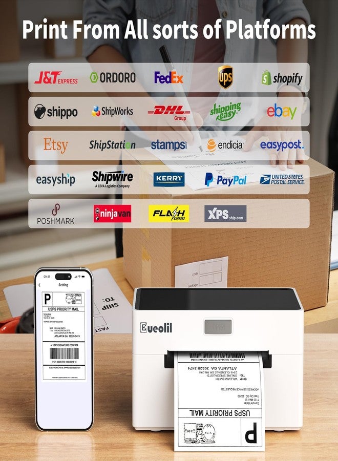 طابعة EueoLil الحرارية متعددة الوظائف لطباعة ملصقات الشحن الصغيرة بتقنية بلوتوث، تدعم أنظمة أندرويد، آيفون، ويندوز، وماك، وتُستخدم على نطاق واسع في المنازل والشركات الصغيرة. - Image 4