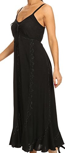 Sakkas 152105 - Allie Stonewashed Embroidered Adjustable Spaghetti Straps Long Dress - Black - S/M - Image 3