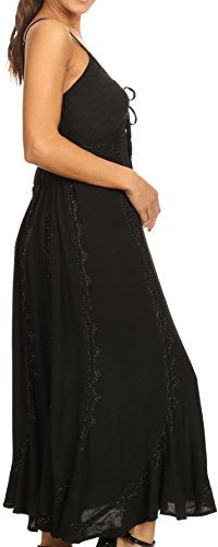 Sakkas 152105 - Allie Stonewashed Embroidered Adjustable Spaghetti Straps Long Dress - Black - S/M - Image 4