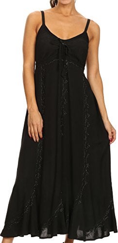 Sakkas 152105 - Allie Stonewashed Embroidered Adjustable Spaghetti Straps Long Dress - Black - S/M - Image 1
