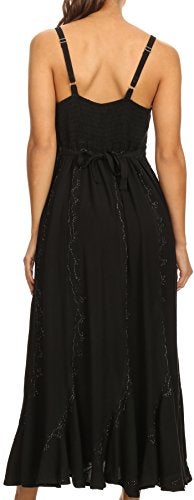 Sakkas 152105 - Allie Stonewashed Embroidered Adjustable Spaghetti Straps Long Dress - Black - S/M - Image 2