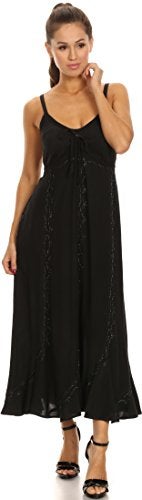 Sakkas 152105 - Allie Stonewashed Embroidered Adjustable Spaghetti Straps Long Dress - Black - S/M - Image 5