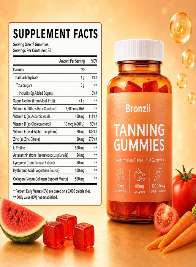 Bruiseweed Bronzii Tanning Gummies, for women and Men with Beta Carotene, Astaxanthin, Vitamin C & E, Lycopene for Natural Looking Glow, Everyday Glow Routine, Watermelon Flavor, 60 Gummies - Image 2