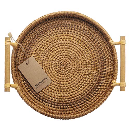 DECRAFTS Round Rattan Tray Woven Bread Basket with Handles Small Cracker Tray for Serving Dinner Parties Coffee Table Tea (Natural 11 inches Diameter) - Image 1