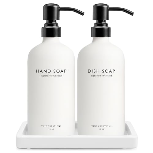 Vine Creations Glass Soap Dispenser Set, Kitchen Soap Dispenser Set with Ceramic Tray, 16 oz Dish Soap and Hand Soap Dispenser Set with Stainless Steel Pump Decor (White Bottle/Matte Black) - Image 1