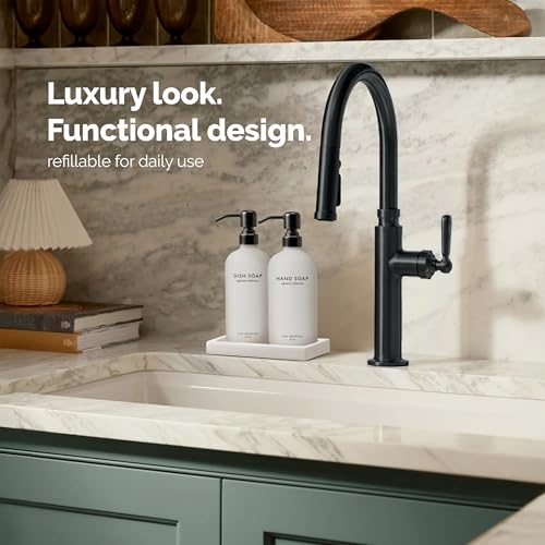 Vine Creations Glass Soap Dispenser Set, Kitchen Soap Dispenser Set with Ceramic Tray, 16 oz Dish Soap and Hand Soap Dispenser Set with Stainless Steel Pump Decor (White Bottle/Matte Black) - Image 3