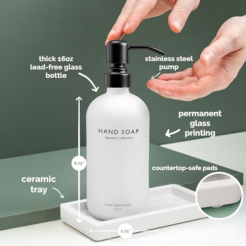 Vine Creations Glass Soap Dispenser Set, Kitchen Soap Dispenser Set with Ceramic Tray, 16 oz Dish Soap and Hand Soap Dispenser Set with Stainless Steel Pump Decor (White Bottle/Matte Black) - Image 4