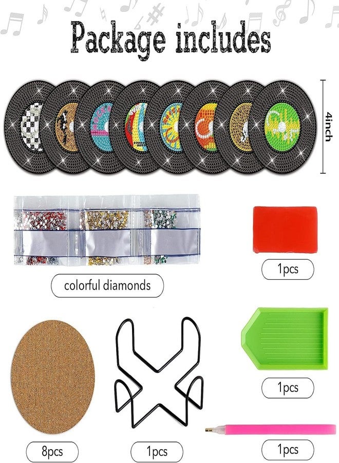 Eimilaly 8 Pcs Vintage Vinyl Record Diamond Painting Coasters with Holder for 70s 80s 90s Disco Party Decor, Suit for Beginners Kids Adults - Image 2