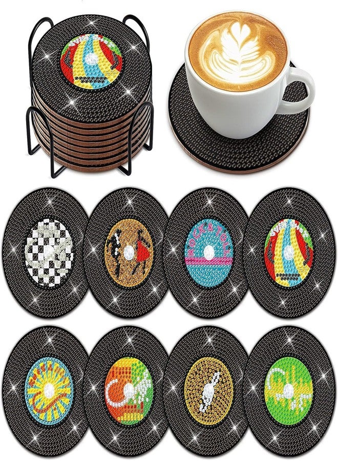 Eimilaly 8 Pcs Vintage Vinyl Record Diamond Painting Coasters with Holder for 70s 80s 90s Disco Party Decor, Suit for Beginners Kids Adults - Image 1