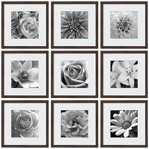 eletecpro 12x12 Picture Frames Set of 9 with Mat for 8x8 Photos or without Mat for 12x12, Square Gallery Wall Decor Collage for Picture Display, Walnut Brown Frame Set for Wall Hanging - Image 1