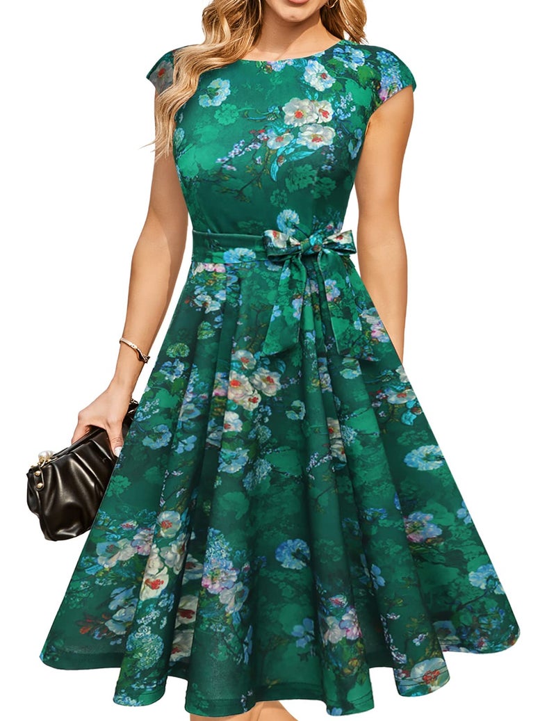 DRESSTELLS Coctail Dresses for Women 2026 Floral Formal Spring Summer Wedding Guest Easter Garden Party Fit Flare Midi Evening Dress Print Green Flower S - Image 1