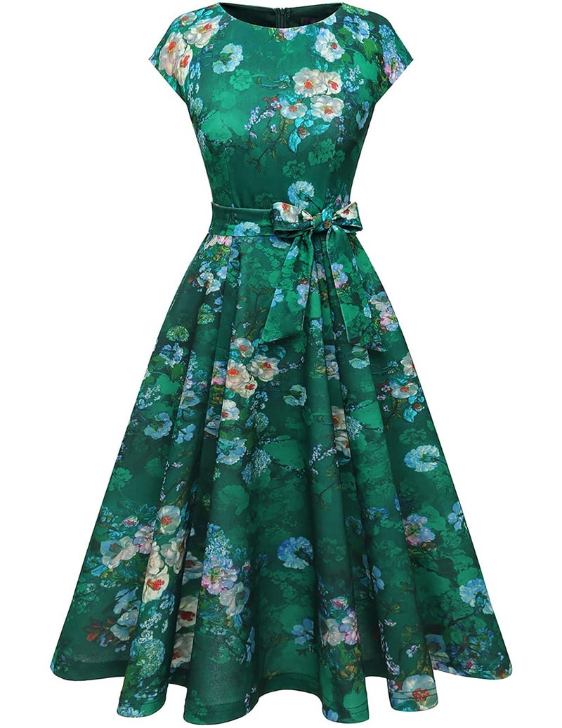 DRESSTELLS Coctail Dresses for Women 2026 Floral Formal Spring Summer Wedding Guest Easter Garden Party Fit Flare Midi Evening Dress Print Green Flower S - Image 2