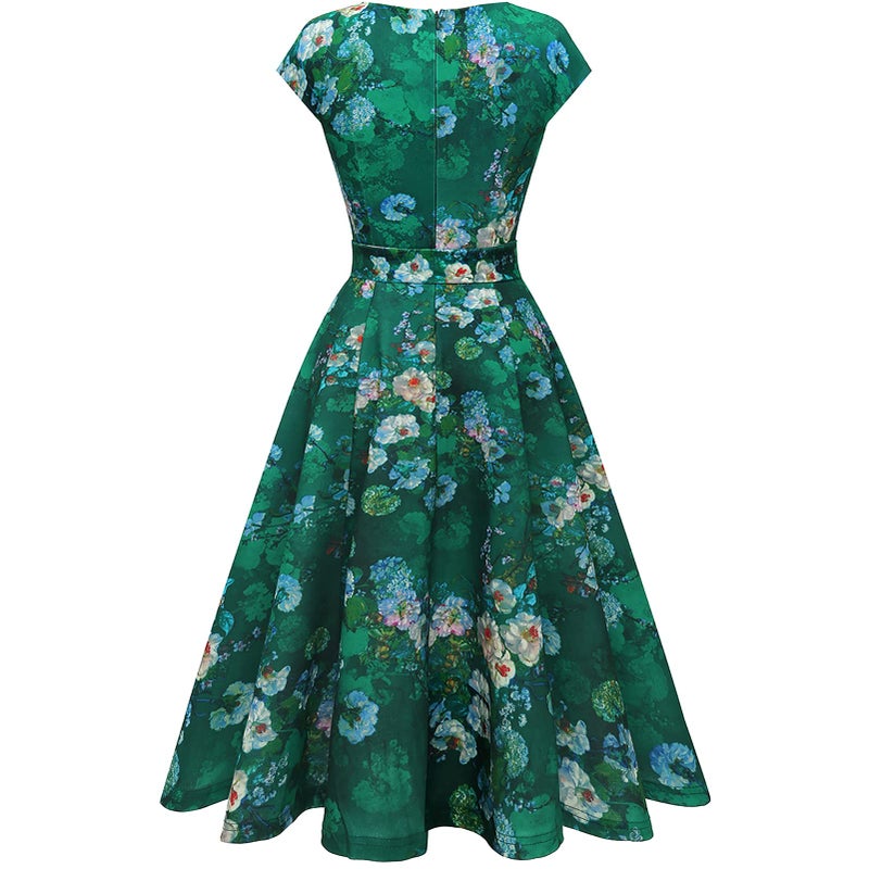 DRESSTELLS Coctail Dresses for Women 2026 Floral Formal Spring Summer Wedding Guest Easter Garden Party Fit Flare Midi Evening Dress Print Green Flower S - Image 4