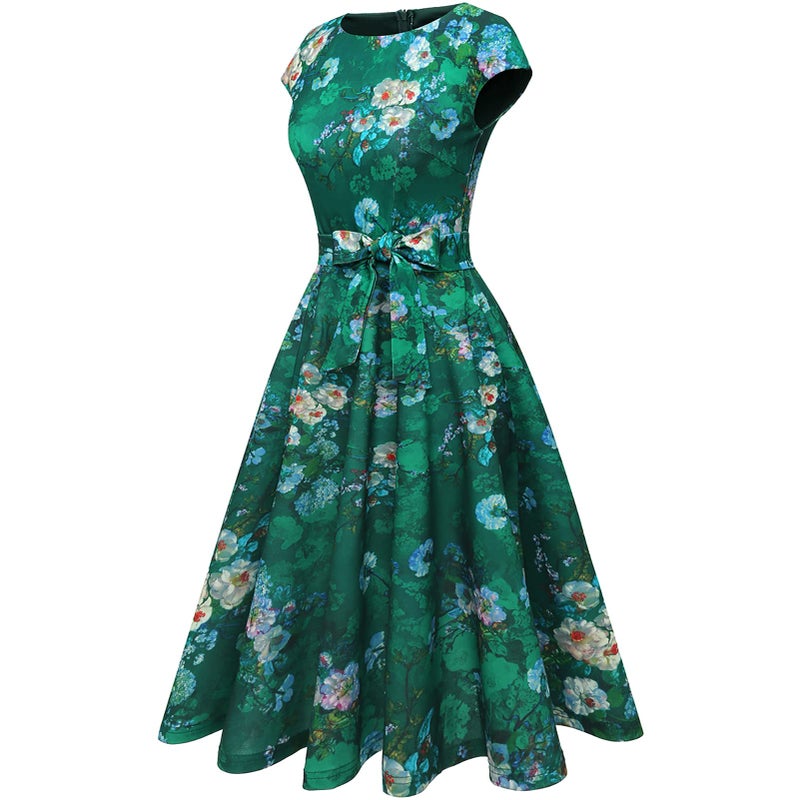 DRESSTELLS Coctail Dresses for Women 2026 Floral Formal Spring Summer Wedding Guest Easter Garden Party Fit Flare Midi Evening Dress Print Green Flower S - Image 3