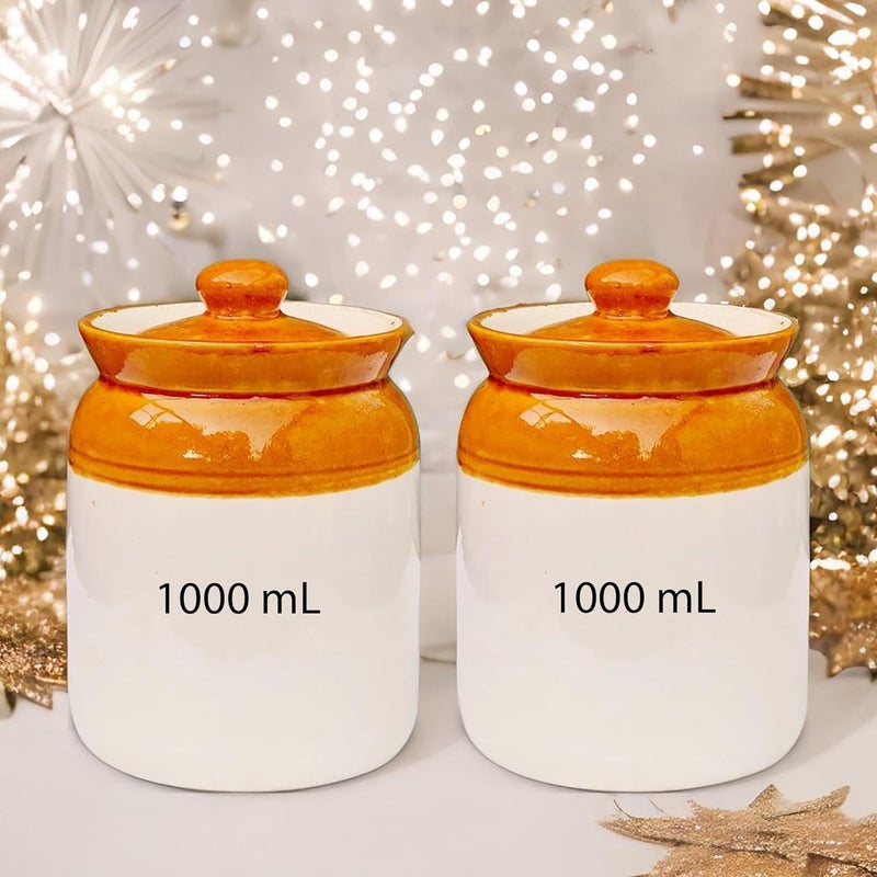 Ceramic Pickle jars container jars 1000ML ACHAR JARS BARNI BROWN AND WHITE PACK OF 2 