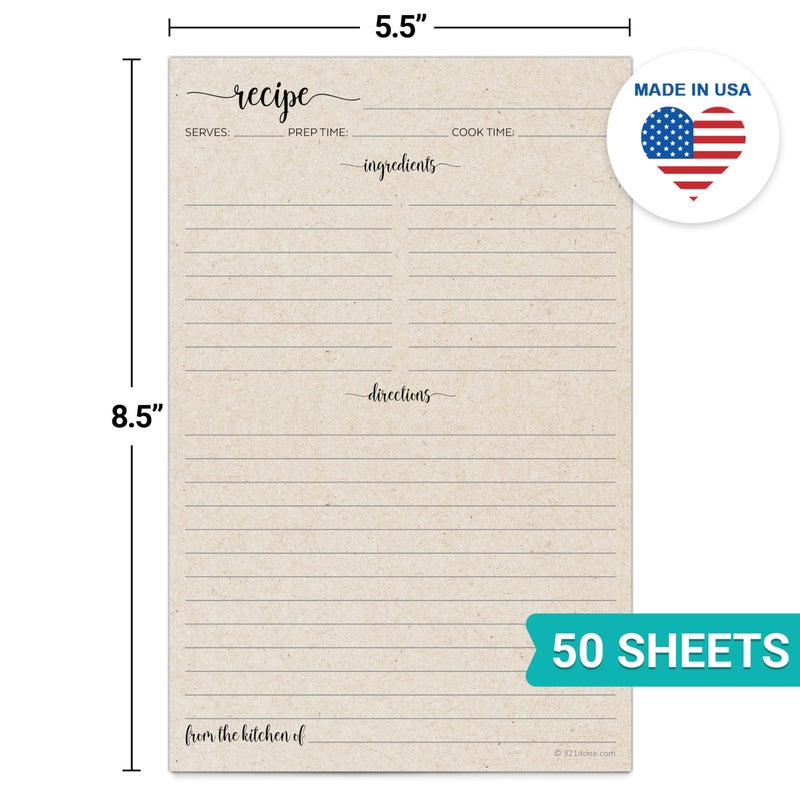 321Done Recipe Paper, Made in USA - 5.5x8.5 Tan, Blank Recipe Paper to Write in Your Own Recipes, Minimalist Half-Letter Size Refill Pages for Recipe Binder, Recipe Box, Recipe Organizer - Pack of 50 - Image 2
