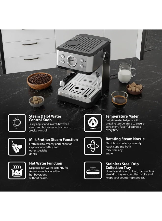 Saachi 20-Bar Espresso Coffee Maker NL-COF-7075, Single/Double Cup, 1.6L Water Tank, Adjustable Steam, Milk Frother & Hot Water Function 1.6 L 1100 W NL-COF-7075-BK Black - Image 3