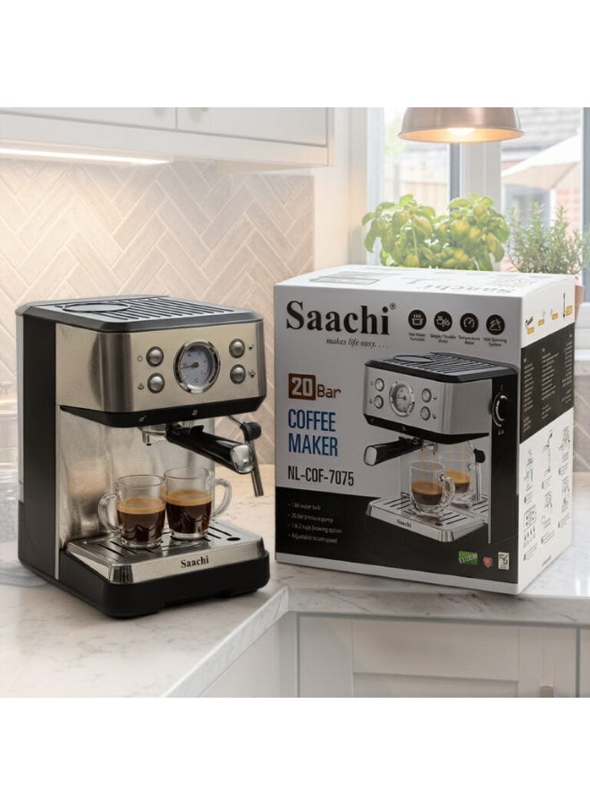 Saachi 20-Bar Espresso Coffee Maker NL-COF-7075, Single/Double Cup, 1.6L Water Tank, Adjustable Steam, Milk Frother & Hot Water Function 1.6 L 1100 W NL-COF-7075-BK Black - Image 2