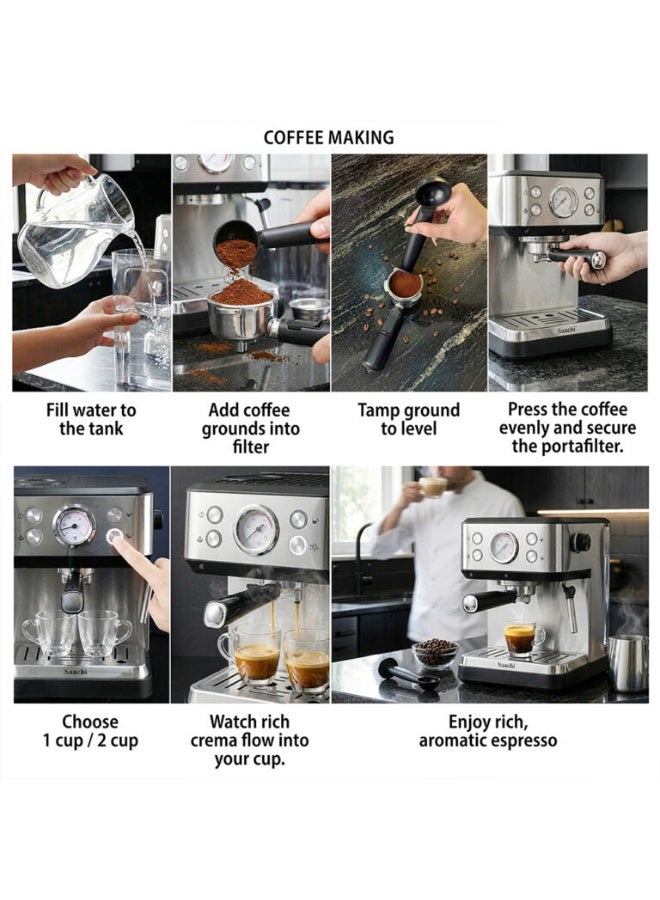 Saachi 20-Bar Espresso Coffee Maker NL-COF-7075, Single/Double Cup, 1.6L Water Tank, Adjustable Steam, Milk Frother & Hot Water Function 1.6 L 1100 W NL-COF-7075-BK Black - Image 4