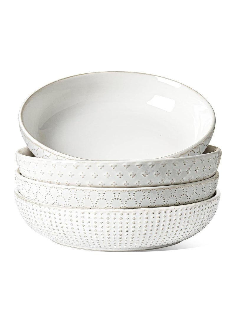wood Set of 4 Ceramic Embossed 42oz Pasta Bowls - Large Stoneware Dinner Plates, Microwave, Oven, and Dishwasher Safe  - Image 1