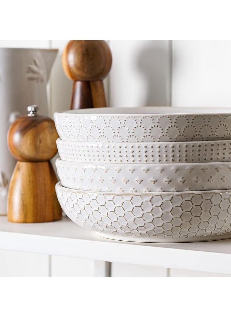 wood Set of 4 Ceramic Embossed 42oz Pasta Bowls - Large Stoneware Dinner Plates, Microwave, Oven, and Dishwasher Safe  - Image 3