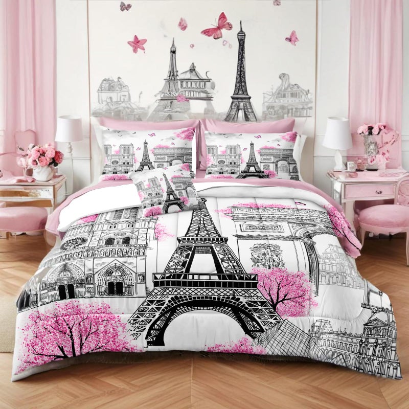 Bedbay Paris Comforter Set  8 Piece Romantic Couple Bedding  Cal King Size  Pink Cherry Blossom Floral Comforter  Bed in a Bag