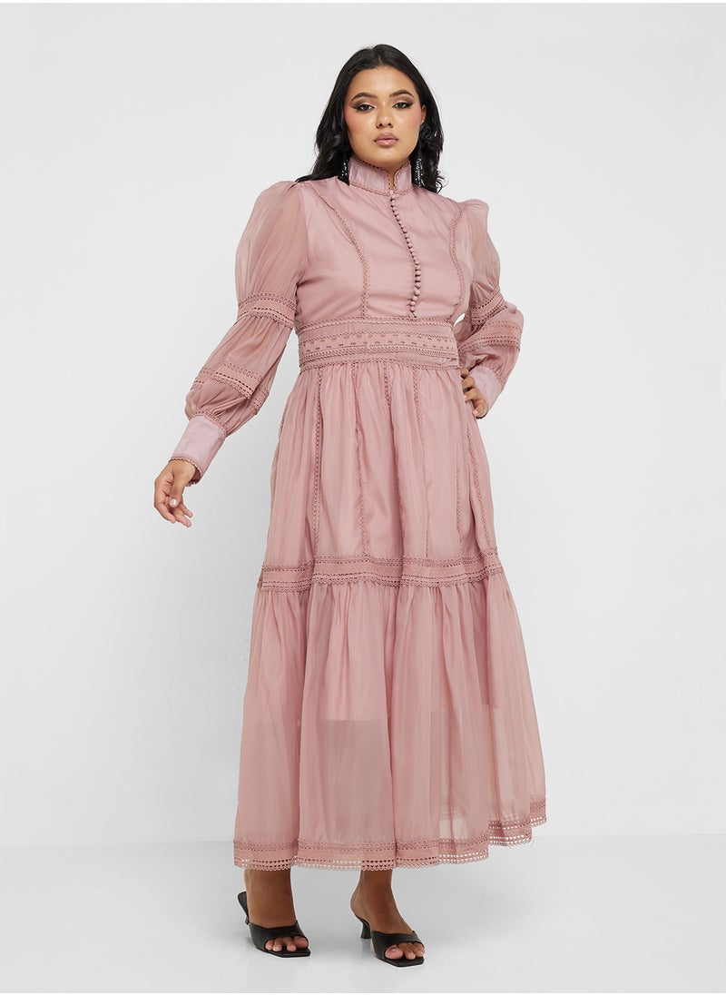 Khizana - Plus size puff sleeve dress with lace trim - Image 1