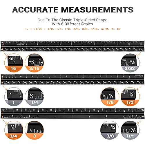 Hutou 12" Architectural Scale Ruler Aluminum Architect Scale Triangular Scale Ruler for Architects, Draftsman, Students and Engineers, Black - Image 3