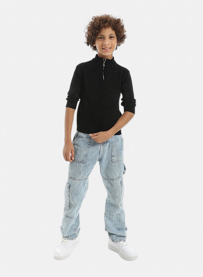 Andora Velvet Zipper Closure High Collar Black Pullover_Black - Image 5