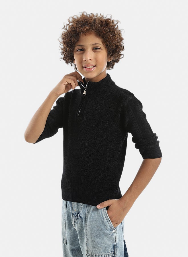 Andora Velvet Zipper Closure High Collar Black Pullover_Black - Image 2