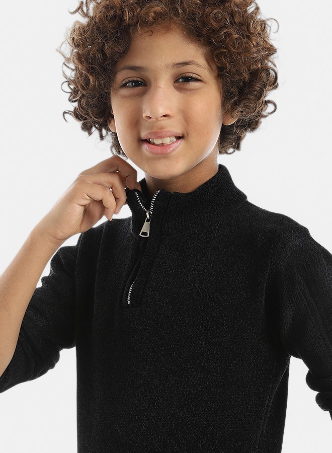 Andora Velvet Zipper Closure High Collar Black Pullover_Black - Image 4