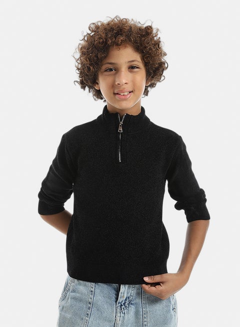 Velvet Zipper Closure High Collar Black Pullover_Black