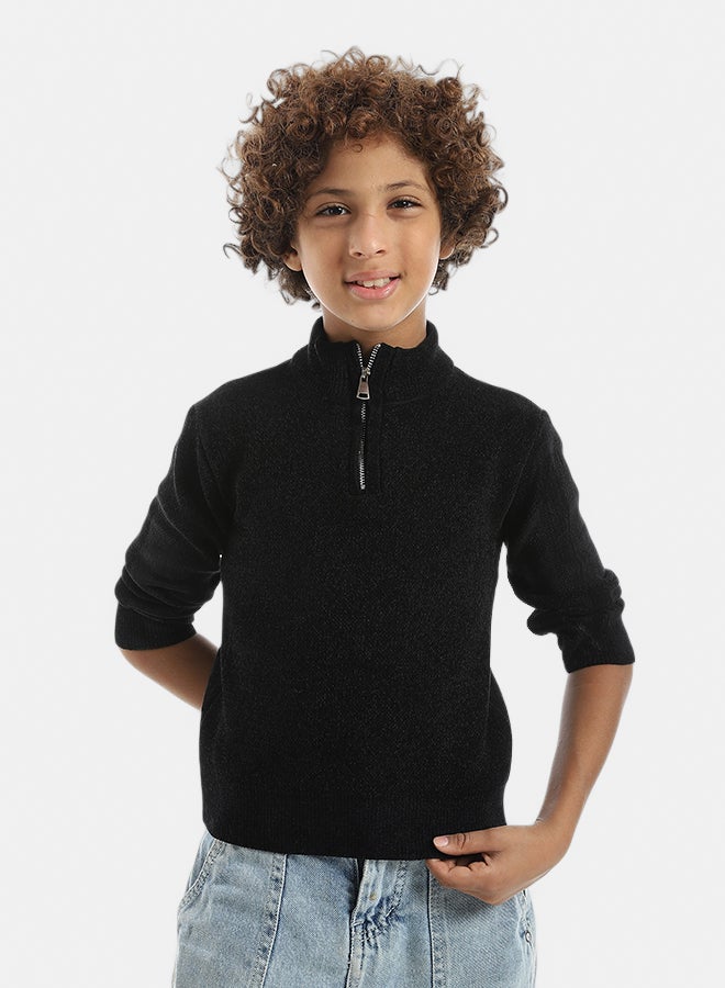 Andora Velvet Zipper Closure High Collar Black Pullover_Black - Image 1