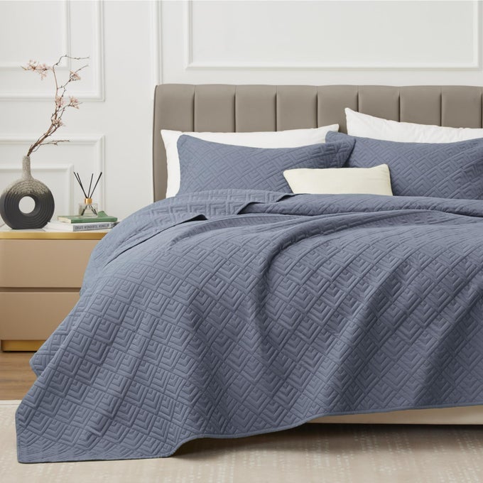 QUILT SET KING SIZE BLUE 3 PIECE LIGHTWEIGHT SOFT COVERLET MODERN STYLE SQUARES PATTERN BEDSPREAD SET FOR ALL SEASON1 QUILT2 PILLOW SHAMS