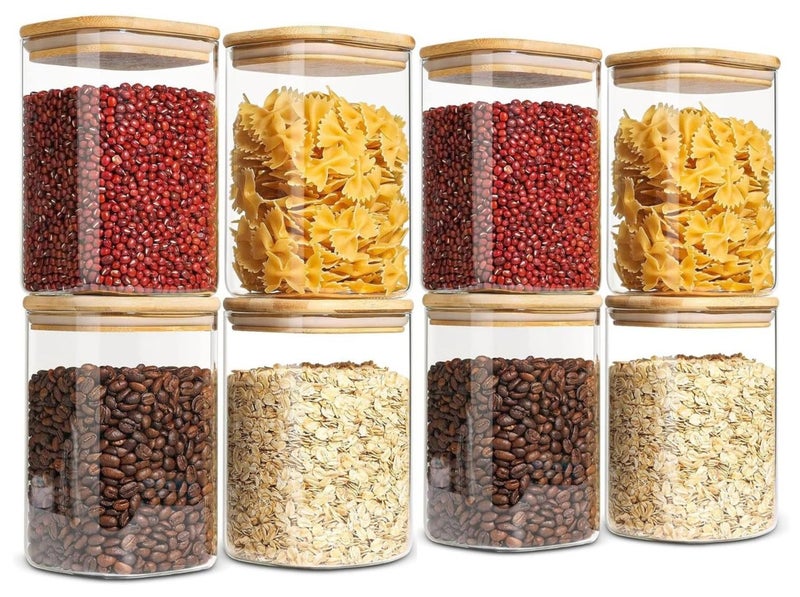 TYCOM Glass Jars Set 500ML, Food Cereal Storage Spice Containers for Home Kitchen, Food Storage jars With Labels, Marker and spoons, Square 8 * 10cm 8 Pieces With Wood Lid. - Image 1
