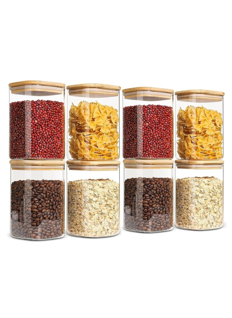 TYCOM Glass Jars Set 500ML, Food Cereal Storage Spice Containers for Home Kitchen, Food Storage jars With Labels, Marker and spoons, Square 8 * 10cm 8 Pieces With Wood Lid.  - Image 1