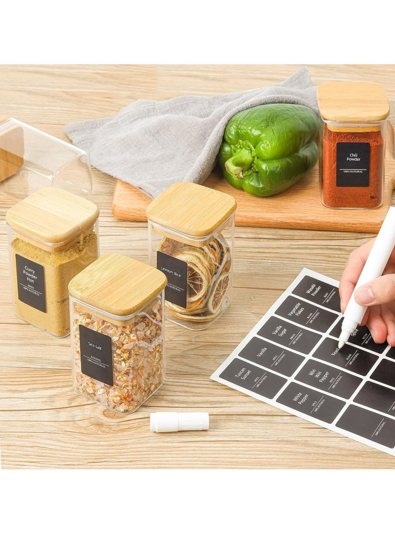 Glass Jars Set 500ML, Food Cereal Storage Spice Containers for Home Kitchen, Food Storage jars With Labels, Marker and spoons, Square 8 * 10cm 8 Pieces With Wood Lid.