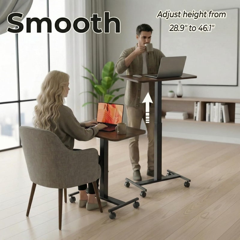 HUANUO Small Rolling Laptop Standing Desk, Height Adjustable Mobile T-Base Desk with Lockable Casters, Portable Sit-Stand Workstation for Bedside & Sofa, Walnut - Image 2